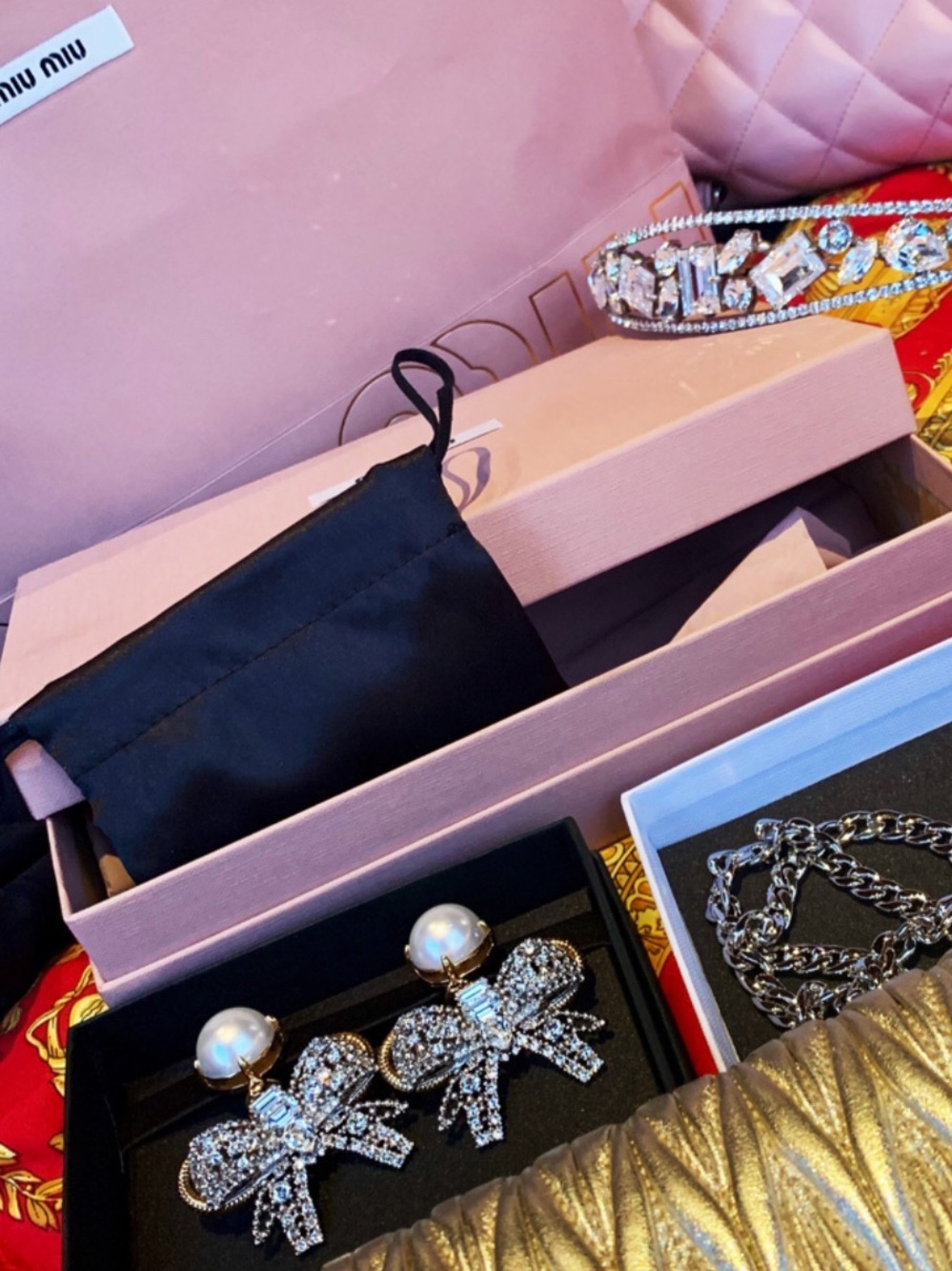 MIU MIU Pearl Bow Crystal Drop Earrings - Gold Tone